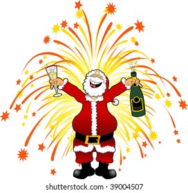 cartoon graphic depicting Santa Claus celebrating the New Year