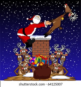 cartoon graphic depicting Santa Claus being pulled up a chimney by a reindeer