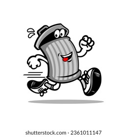 Cartoon graphic design of a trash bin running away from being chased by a random trash dumper. Vector character design.