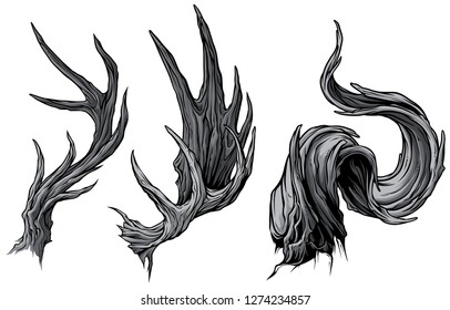 Cartoon graphic detailed big sharp moose or deer horns or antlers. Hunting trophy. Isolated on white background. Vector icon set.