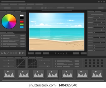 Cartoon Graphic Editor Concept Device Screen View for Poster Card Background Flat Design. Vector illustration