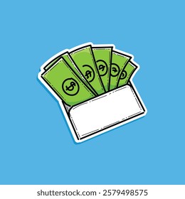 Cartoon graphic featuring a white envelope filled with green cash dollar bills on a blue background, representing finance, savings, and economic concepts in a playful, digital art style.