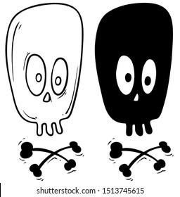 Cartoon graphic hand drawn black and white human skull with crossed bones. Isolated on white background. Halloween vector icon.