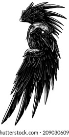Cartoon graphic hand drawn evil raven crow with bloody black eyes. Isolated black and white vector tattoo sketch.