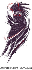 Cartoon graphic hand drawn evil raven crow with bloody red eyes. Isolated black and white vector tattoo.