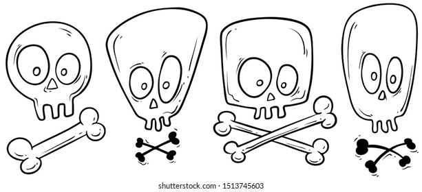 Cartoon graphic hand drawn white funny human skull with crossed bones. Isolated on white background. Halloween vector icon.