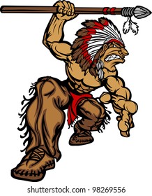 Cartoon Graphic of a native American Indian Chief Mascot holding a spear