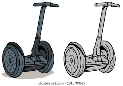 Cartoon graphic self-balancing electric scooter isolated on white background. Vector icon set.