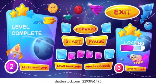 Cartoon graphic user interface with items for space game. App gui cosmic design with golden coins, panel with pause, start and reward, menu buttons, rocket. Universe background with platform, planets.