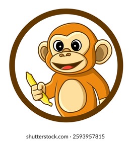 Cartoon graphic vector illustration of a happy and cute smiling monkey holding a yellow banana fruit in a circular frame. Perfect for children's designs, educational purposes, or fun themes.