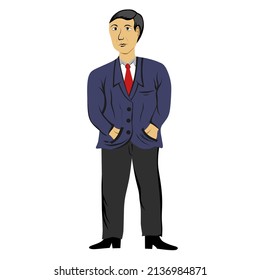 Cartoon graphic vector illustration of a man wearing formal attire, posing confidently with his hands in his pockets. Suitable for business, professional or casual use.