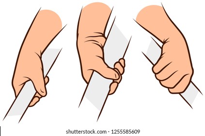 Cartoon graphic white human hands. Holding crossbar or handrail. Isolated on white background. Vector icons set. Vol. 3