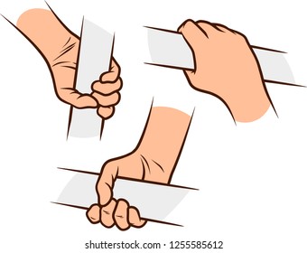 Cartoon graphic white human hands. Holding crossbar or handrail. Isolated on white background. Vector icons set. Vol. 4