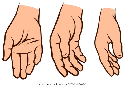 Cartoon graphic white human hands. Showing lowered palm gesture or sign. Isolated on white background. Vector icons set. Vol. 2