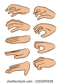 Cartoon graphic white human hands. Showing palm and bent fingers gesture or sign. Isolated on white background. Vector icons set.