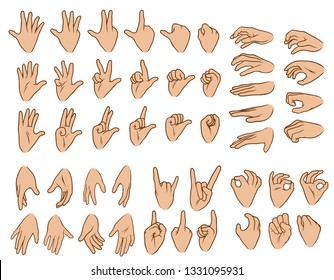 Cartoon graphic white human hands. Showing different gesture or sign. Rock and roll, okay, forefinger, palm and knuckle. Isolated on white background. Vector icons big set.