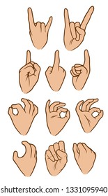 Cartoon graphic white human hands. Showing rock and roll, okay, forefinger and knuckle gesture or sign. Isolated on white background. Vector icons set.