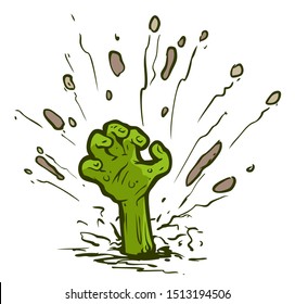 Cartoon graphicgreen scary zombie monster hand rising from soil. Isolated on white background. Halloween vector icon.