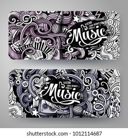 Cartoon graphics monochrome vector hand drawn doodles Music corporate identity. 2 id cards design. Templates set