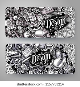 Cartoon graphics monochrome vector hand drawn doodles Designer corporate identity. 2 id cards design. Templates set