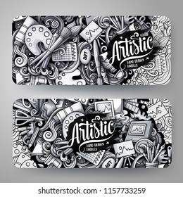 Cartoon graphics monochrome vector hand drawn doodles Artist corporate identity. 2 id cards design. Templates set