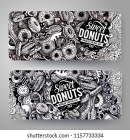 Cartoon graphics monochrome vector hand drawn doodles Donuts corporate identity. 2 id cards design. Templates set
