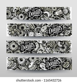 Cartoon graphics monochrome vector hand drawn doodles Donuts corporate identity. 4 id cards design. Templates set