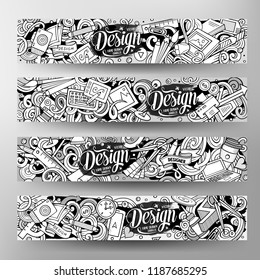 Cartoon graphics monochrome vector hand drawn doodles Designer corporate identity. 4 id cards design. Templates set