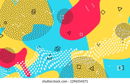 Cartoon graphics. Pop art color background. Memphis pattern of geometric shapes for tissue and postcards. Vector Illustration. Hipster style 80s-90s. Abstract colorful funky background.