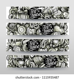 Cartoon graphics toned vector hand drawn doodles Tea corporate identity. 2 horizontal banners design. Templates set