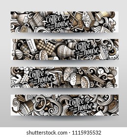 Cartoon graphics toned vector hand drawn doodles Coffee corporate identity. 2 horizontal banners design. Templates set