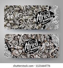 Cartoon graphics toned vector hand drawn doodles Africa corporate identity. 2 horizontal banners design. Templates set