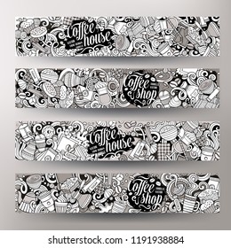 Cartoon graphics toned vector hand drawn doodles Coffee corporate identity. 2 horizontal banners design. Templates set