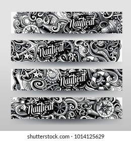 Cartoon graphics vector hand drawn doodles nautical corporate identity. 4 horizontal banners design. Templates set