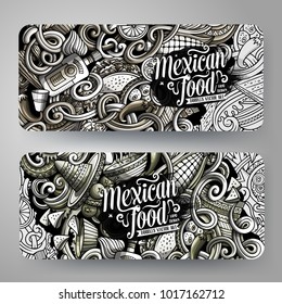 Cartoon graphics vector hand drawn doodles mexican food corporate identity. 2 horizontal banners design. Templates set