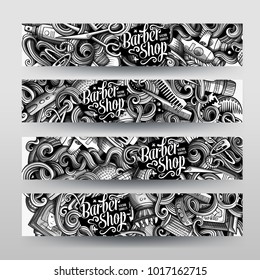 Cartoon graphics vector hand drawn doodles hairstyle corporate identity. 4 horizontal banners design. Templates set