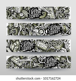 Cartoon graphics vector hand drawn doodles electric cars corporate identity. 4 horizontal banners design. Templates set