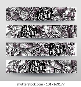 Cartoon graphics vector hand drawn doodles ice cream corporate identity. 4 horizontal banners design. Templates set