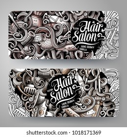 Cartoon graphics vector hand drawn doodles hairstyle corporate identity. 2 horizontal banners design. Templates set