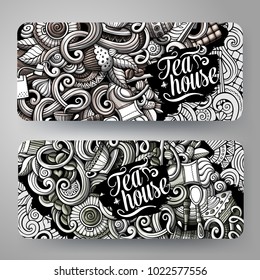 Cartoon graphics vector hand drawn doodles cafe corporate identity. 2 horizontal banners design. Templates set