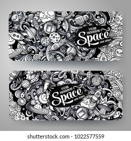 Cartoon graphics vector hand drawn doodles space corporate identity. 2 horizontal banners design. Templates set