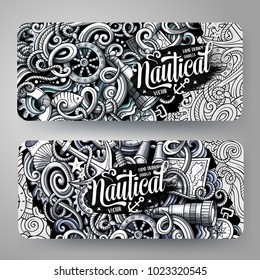 Cartoon graphics vector hand drawn doodles nautical corporate identity. 2 horizontal banners design. Templates set