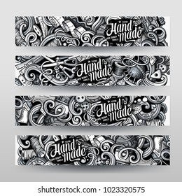 Cartoon graphics vector hand drawn doodles hand made corporate identity. 4 horizontal banners design. Templates set