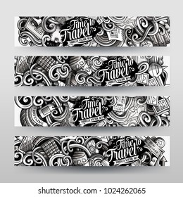 Cartoon graphics vector hand drawn doodles Travel corporate identity. 4 horizontal banners design. Templates set