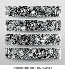Cartoon graphics vector hand drawn doodles science corporate identity. 4 horizontal banners design. Templates set