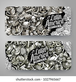 Cartoon graphics vector hand drawn doodles Latin America corporate identity. 2 horizontal banners design. Templates set