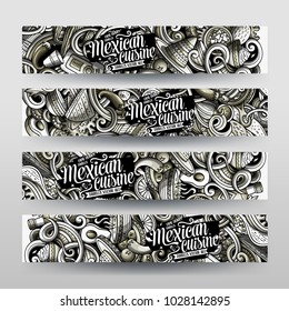 Cartoon graphics vector hand drawn doodles mexican food corporate identity. 4 horizontal banners design. Templates set