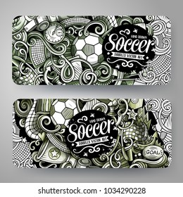 Cartoon graphics vector hand drawn doodles Football corporate identity. 2 horizontal banners design. Templates set