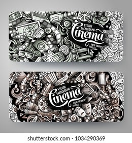 Cartoon graphics vector hand drawn doodles cinema corporate identity. 2 horizontal banners design. Templates set