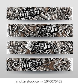 Cartoon graphics vector hand drawn doodles Classic Music corporate identity. 4 horizontal banners design. Templates set